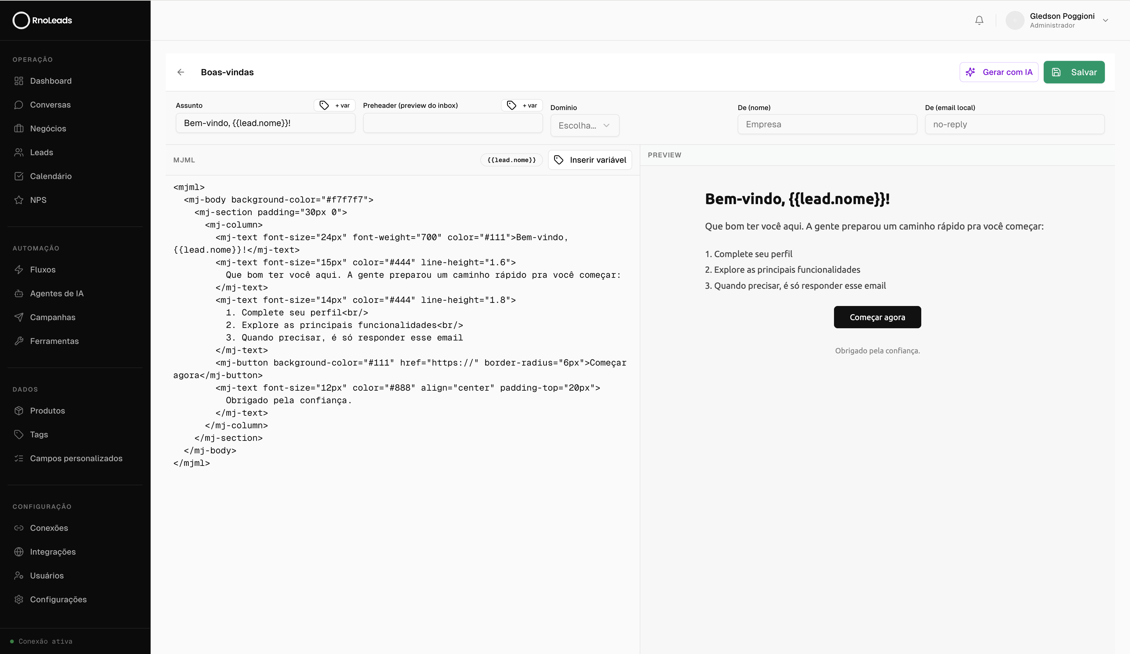 Editor de email com IA e preview